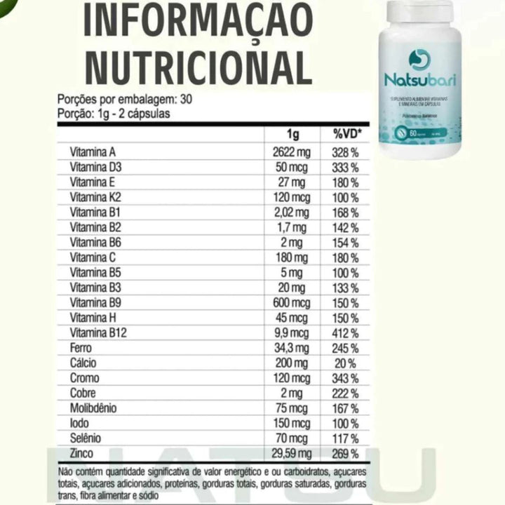 NatsuBari Suplemento Pós Bariátrico - Polivitamínico 60 cápsulas PROMOÇÃO