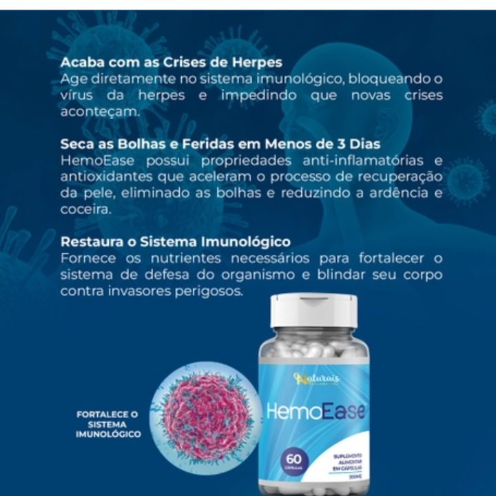 HemoEase 60 Cápsulas - Para Crises De Herpes - PROMOÇÃO