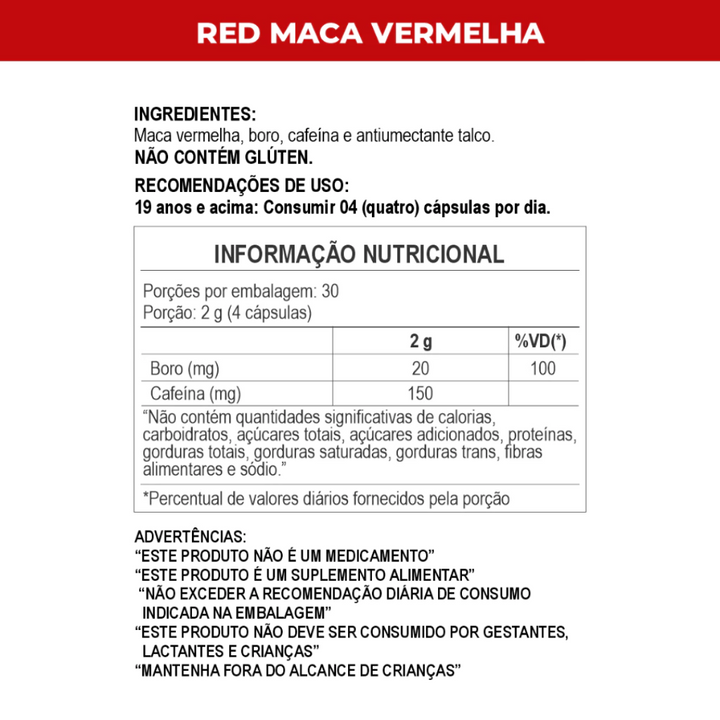 Maca Peruana Red com Maca Vermelha Boro Cafeína