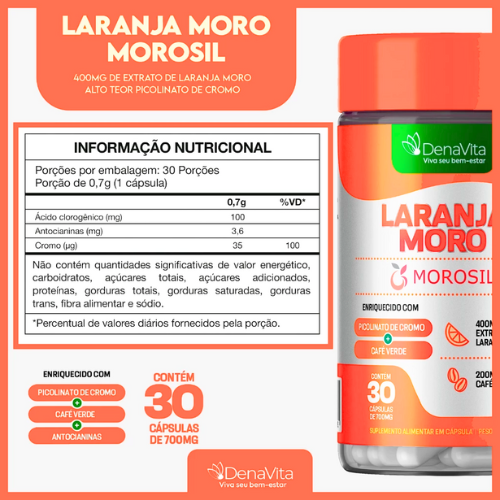 Extrato de Laranja Moro + Cromo + Café Verde 3x1 - 90 Cápsulas - Vegano - Denavita PROMOÇÃO